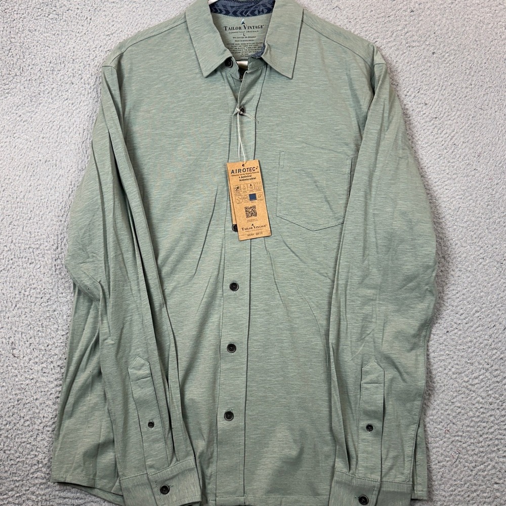 NEW Tailor Vintage Shirt Mens Large Airotec Sage Green Button Up Stretch Pocket